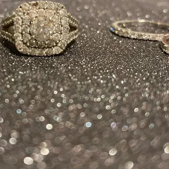 3ct. Halo Cushion Diamond Engagement Wedding Ring Set 10k White Gold (3 pcs.) - Picture 8 of 15